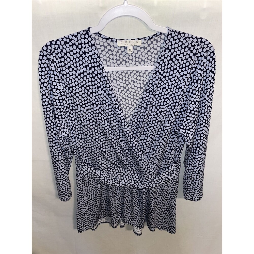 Chaus Dress Blouse Women’s Size Medium Blue Squares Crossover Pleated Waist